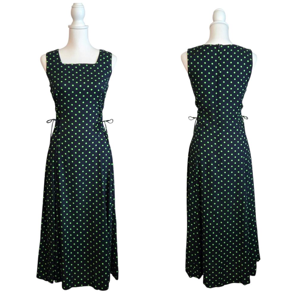 Vintage Preppy Polka Dot Corset Maxi Tank Dress Size 4P Navy Green Square Neck